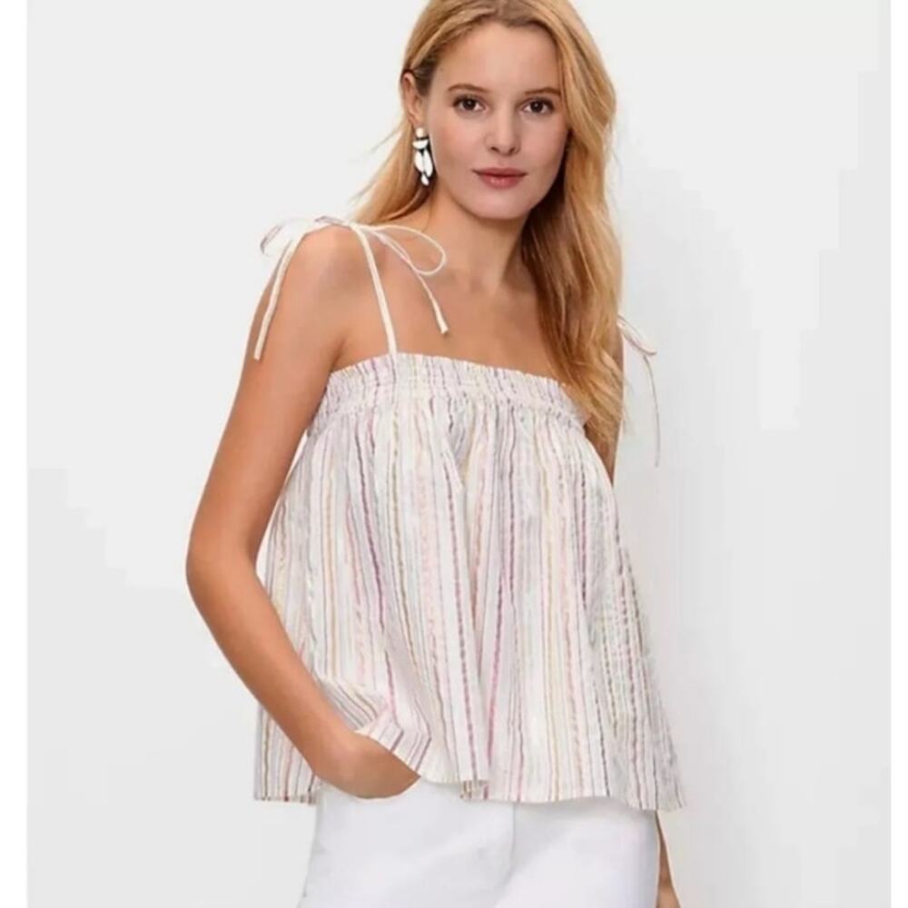 Loft Smocked Cami Top Metallic Stripes Women's Size XS 567836 White Pink Shimmer